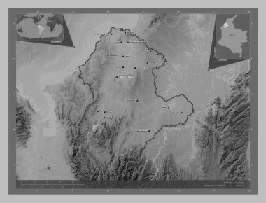 Cordoba, Kolombiya Departmanı. Gölleri ve nehirleri olan gri tonlama yükseklik haritası. Bölgenin büyük şehirlerinin yerleri ve isimleri. Köşedeki yedek konum haritaları