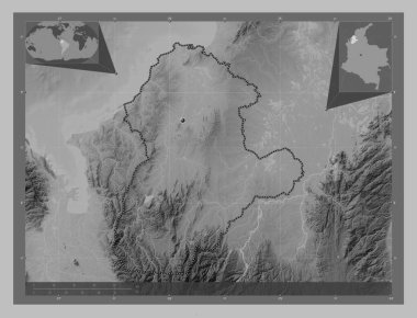 Cordoba, Kolombiya Departmanı. Gölleri ve nehirleri olan gri tonlama yükseklik haritası. Köşedeki yedek konum haritaları