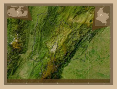 Cundinamarca, Kolombiya Departmanı. Düşük çözünürlüklü uydu. Bölgenin büyük şehirlerinin yerleri. Köşedeki yedek konum haritaları