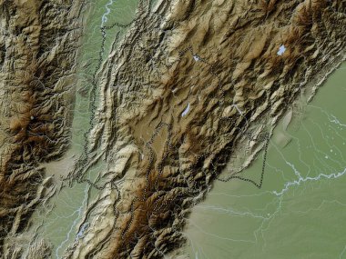 Cundinamarca, Kolombiya Departmanı. Yükseklik haritası göller ve nehirlerle wiki stilinde renklendirilmiştir