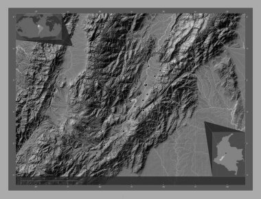 Huila, Kolombiya Departmanı. Göllü ve nehirli çift katlı yükseklik haritası. Bölgenin büyük şehirlerinin yerleri. Köşedeki yedek konum haritaları