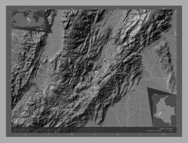 Huila, Kolombiya Departmanı. Göllü ve nehirli çift katlı yükseklik haritası. Bölgenin büyük şehirlerinin yerleri ve isimleri. Köşedeki yedek konum haritaları