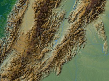Huila, Kolombiya Departmanı. Gölleri ve nehirleri olan renkli yükseklik haritası