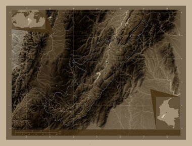 Huila, Kolombiya Departmanı. Yükseklik haritası sepya tonlarında göller ve nehirlerle renklendirilmiş. Bölgenin büyük şehirlerinin yerleri. Köşedeki yedek konum haritaları
