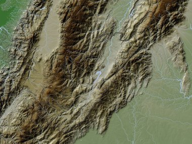 Huila, Kolombiya Departmanı. Yükseklik haritası göller ve nehirlerle wiki stilinde renklendirilmiştir
