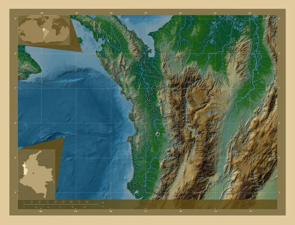 Шоколад Департамент Колумбии Цветная Карта Высоты Озерами Реками Вспомогательные Карты — стоковое фото