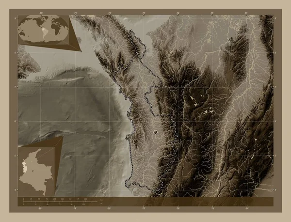 Choco Oddělení Kolumbie Zdvihová Mapa Zbarvená Sépiovými Tóny Jezery Řekami — Stock fotografie
