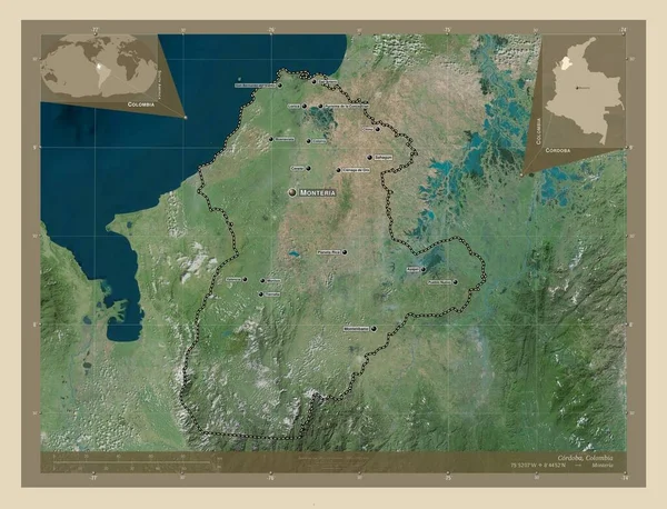 Cordoba Kolumbia Minisztériuma Nagy Felbontású Műholdas Térkép Régió Nagyvárosainak Elhelyezkedése — Stock Fotó