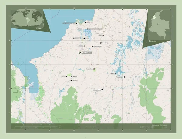 Cordoba Departament Kolumbii Otwórz Mapę Ulic Lokalizacje Nazwy Głównych Miast — Zdjęcie stockowe