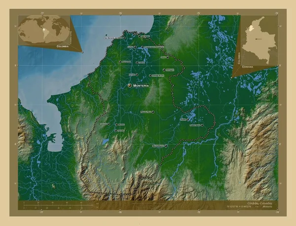 Κόρντομπα Τμήμα Κολομβίας Χρωματιστός Υψομετρικός Χάρτης Λίμνες Και Ποτάμια Τοποθεσίες — Φωτογραφία Αρχείου
