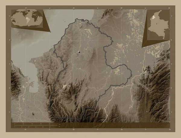 Кордоба Департамент Колумбии Карта Высоты Окрашенная Сепиевые Тона Озерами Реками — стоковое фото