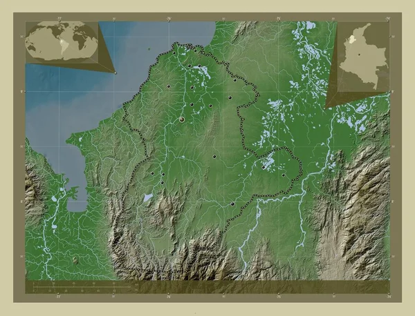 Cordoba Oddělení Kolumbie Zdvihová Mapa Zbarvená Stylu Wiki Jezery Řekami — Stock fotografie