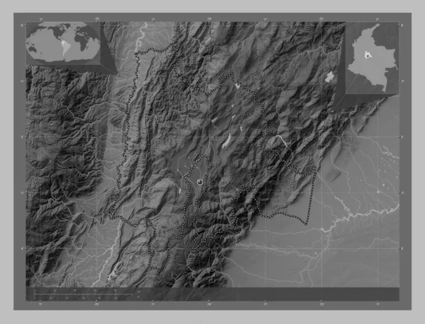 Cundinamarca Kolumbia Megye Szürkeárnyas Térkép Tavakkal Folyókkal Saroktérképek Kiegészítő Helymeghatározási — Stock Fotó