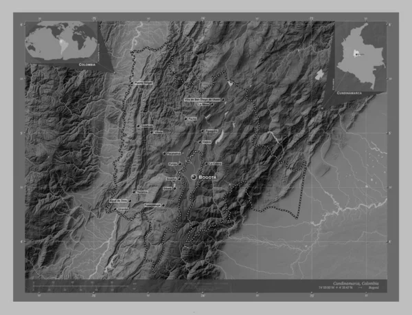 Cundinamarca Departament Kolumbii Mapa Wzniesień Skali Szarości Jeziorami Rzekami Lokalizacje — Zdjęcie stockowe