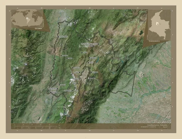 コロンビアのカニンマルカ県 高解像度衛星地図 地域の主要都市の位置と名前 コーナー補助位置図 — ストック写真