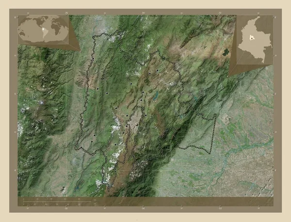 コロンビアのカニンマルカ県 高解像度衛星地図 地域の主要都市の場所 コーナー補助位置図 — ストック写真