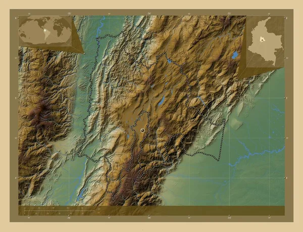 Cundinamarca Кафедра Колумбії Кольорові Карти Висот Озерами Річками Кутові Допоміжні — стокове фото