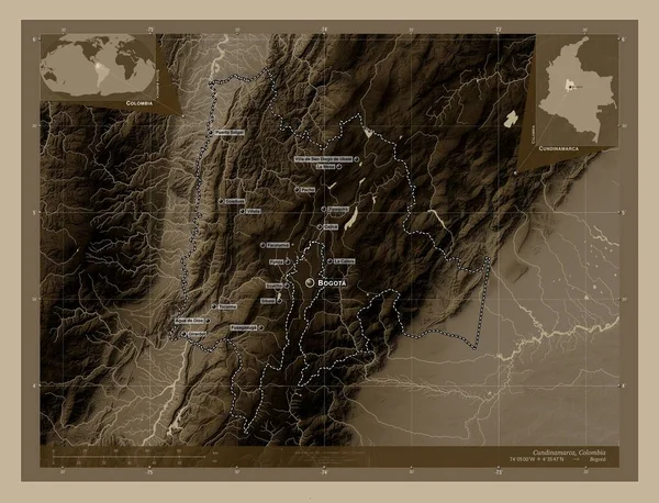 Cundinamarca Departamento Colombia Mapa Elevación Coloreado Tonos Sepia Con Lagos —  Fotos de Stock