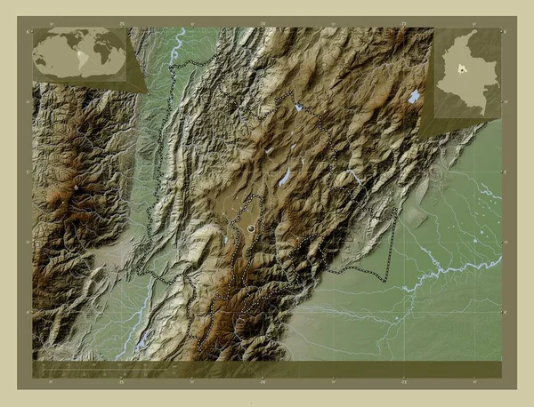 昆迪纳马卡 哥伦比亚省 用Wiki风格绘制的带有湖泊和河流的高程地图 角辅助位置图 — 图库照片