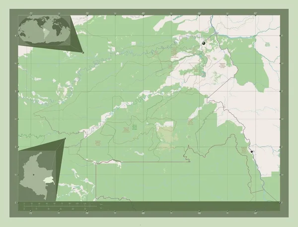 Guainia Kolombiya Komiseri Açık Sokak Haritası Bölgenin Büyük Şehirlerinin Yerleri — Stok fotoğraf