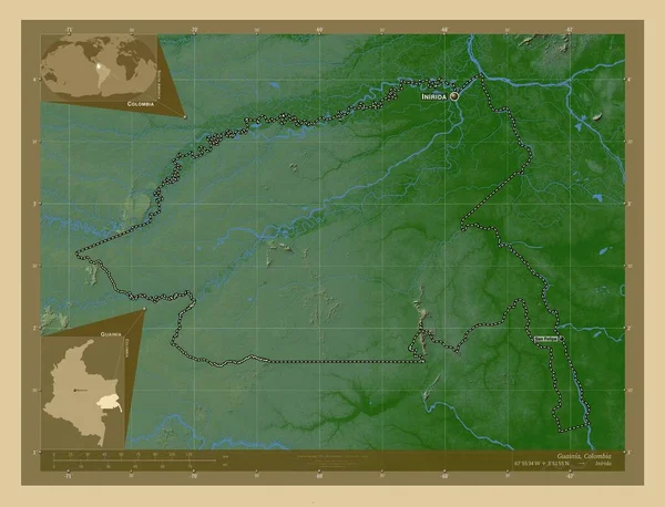 Γκουαινία Επίτροπος Της Κολομβίας Χρωματιστός Υψομετρικός Χάρτης Λίμνες Και Ποτάμια — Φωτογραφία Αρχείου