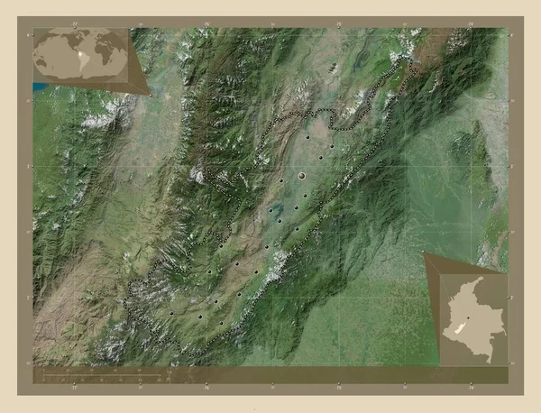 Huila 哥伦比亚省 高分辨率卫星地图 该区域主要城市的所在地点 角辅助位置图 — 图库照片