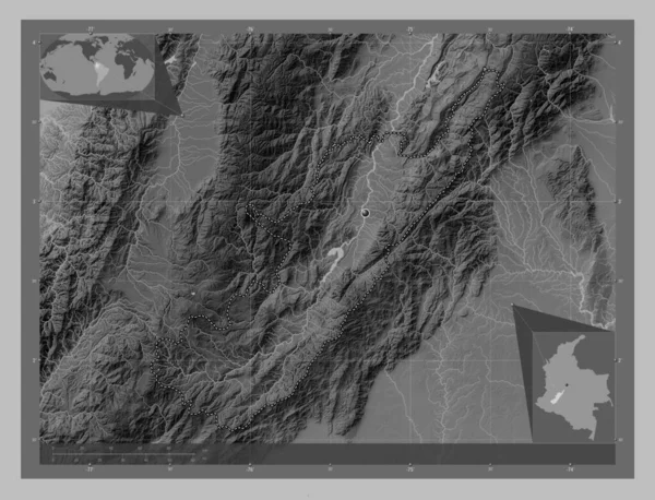 コロンビア大学のウイラだ 湖や川とグレースケールの標高マップ コーナー補助位置図 — ストック写真