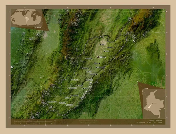Huila 哥伦比亚省 低分辨率卫星地图 该区域主要城市的地点和名称 角辅助位置图 — 图库照片