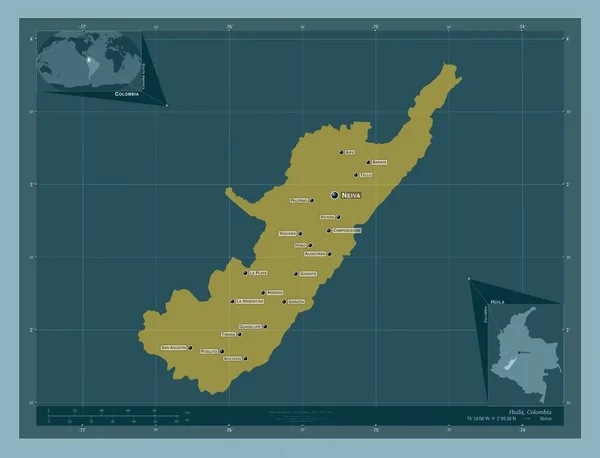 Huila 콜롬비아 색깔의 지역의 도시들의 위치와 Corner Auxiliary Location — 스톡 사진