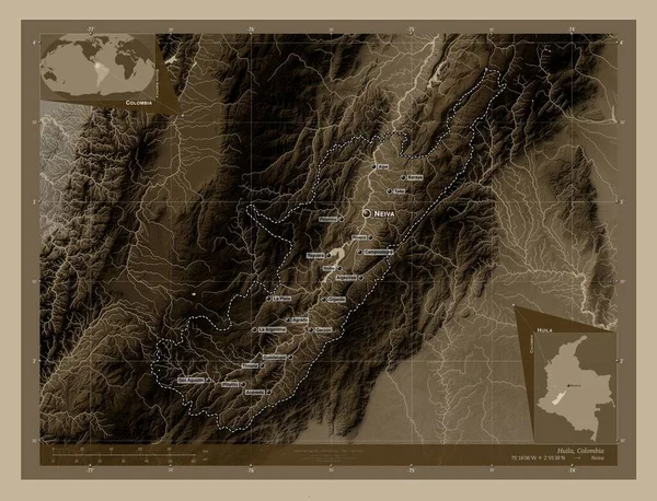 Huila Département Colombie Carte Altitude Colorée Dans Des Tons Sépia — Photo