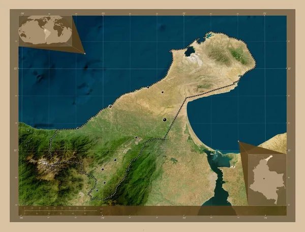 Guajira Departamento Colombia Mapa Satelital Baja Resolución Ubicaciones Las Principales — Foto de Stock