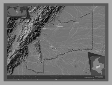 Meta, Kolombiya Departmanı. Göllü ve nehirli çift katlı yükseklik haritası. Bölgenin büyük şehirlerinin yerleri ve isimleri. Köşedeki yedek konum haritaları