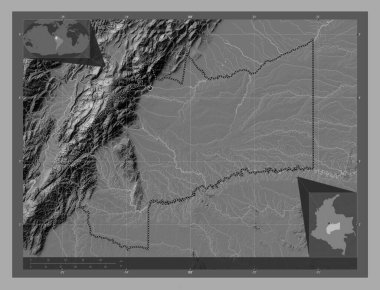 Meta, Kolombiya Departmanı. Göllü ve nehirli çift katlı yükseklik haritası. Köşedeki yedek konum haritaları