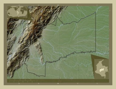 Meta, Kolombiya Departmanı. Yükseklik haritası göller ve nehirlerle wiki tarzında renklendirilmiş. Köşedeki yedek konum haritaları