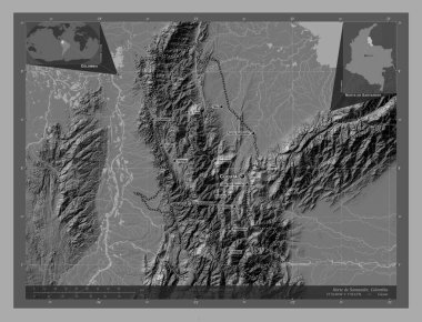 Norte de Santander, Kolombiya Bölümü. Göllü ve nehirli çift katlı yükseklik haritası. Bölgenin büyük şehirlerinin yerleri ve isimleri. Köşedeki yedek konum haritaları