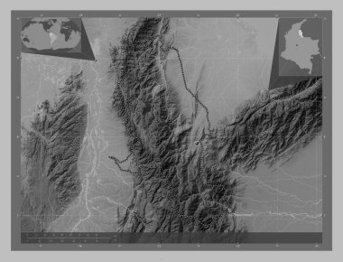 Norte de Santander, Kolombiya Bölümü. Gölleri ve nehirleri olan gri tonlama yükseklik haritası. Köşedeki yedek konum haritaları