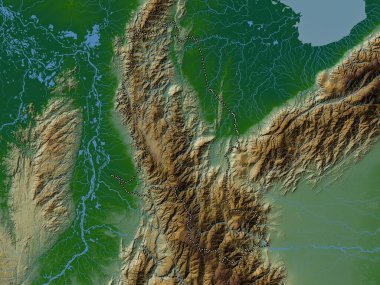 Norte de Santander, Kolombiya Bölümü. Gölleri ve nehirleri olan renkli yükseklik haritası