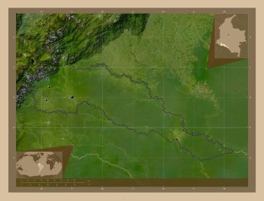 Putumayo, Kolombiya 'nın azmi. Düşük çözünürlüklü uydu. Bölgenin büyük şehirlerinin yerleri. Köşedeki yedek konum haritaları