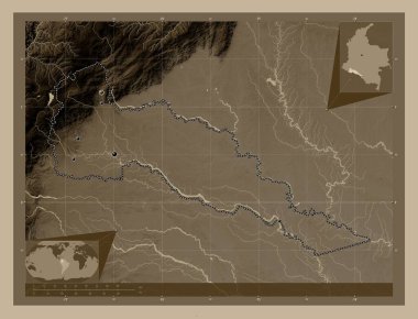 Putumayo, Kolombiya 'nın azmi. Yükseklik haritası sepya tonlarında göller ve nehirlerle renklendirilmiş. Bölgenin büyük şehirlerinin yerleri. Köşedeki yedek konum haritaları