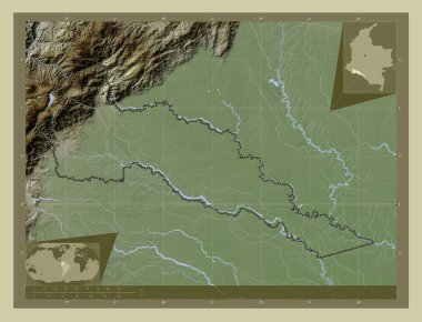 Putumayo, Kolombiya 'nın azmi. Yükseklik haritası göller ve nehirlerle wiki tarzında renklendirilmiş. Köşedeki yedek konum haritaları