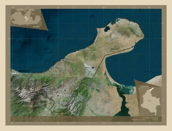 コロンビアのラ グアヒラだ 高解像度衛星地図 地域の主要都市の位置と名前 コーナー補助位置図 — ストック写真