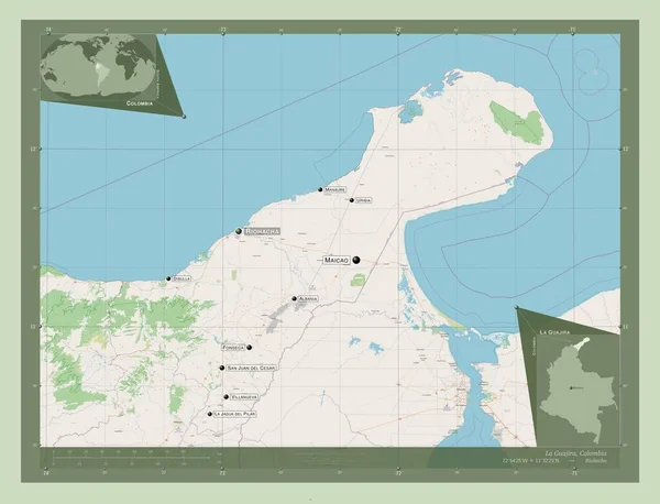 Guajira 哥伦比亚省 开放街道地图 该区域主要城市的地点和名称 角辅助位置图 — 图库照片