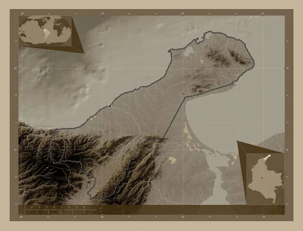 Guajira Department Colombia Elevation Map Colored Sepia Tones Lakes Rivers — Stock Photo, Image