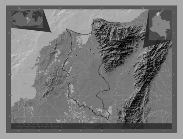 Magdalena 哥伦比亚省 带湖泊和河流的比尔维尔高程图 该区域主要城市的所在地点 角辅助位置图 — 图库照片