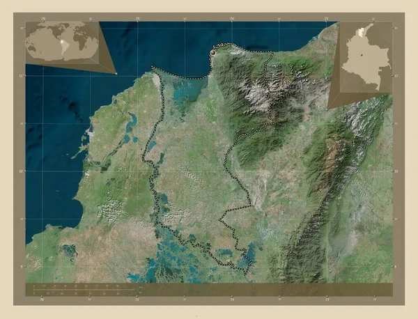 Magdalena 哥伦比亚省 高分辨率卫星地图 角辅助位置图 — 图库照片