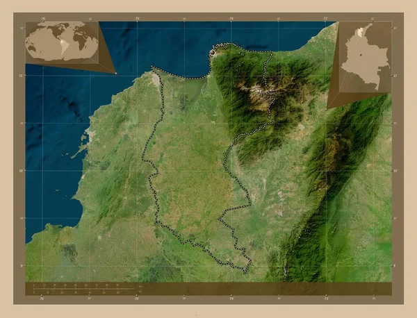 コロンビアのマグダレナだ 低解像度衛星地図 コーナー補助位置図 — ストック写真
