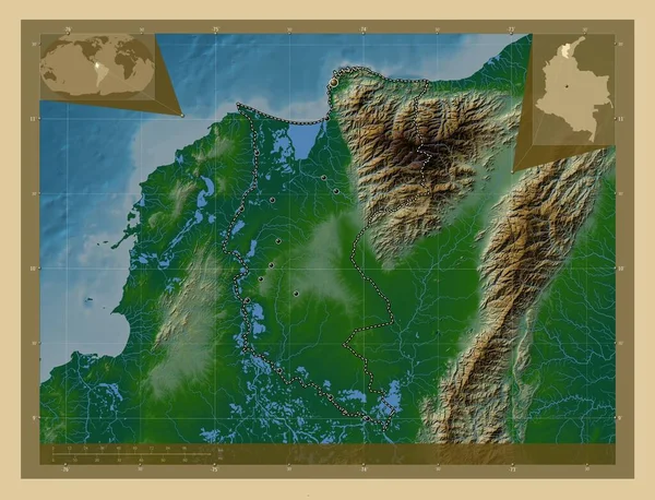 Магдалена Департамент Колумбии Цветная Карта Высоты Озерами Реками Места Расположения — стоковое фото