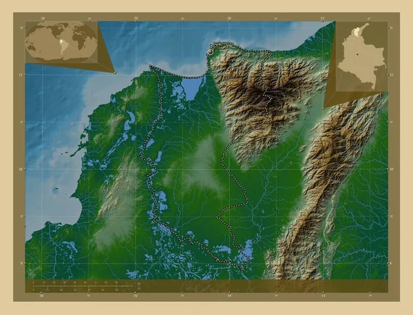 Magdalena Departament Kolumbii Kolorowa Mapa Wzniesień Jeziorami Rzekami Pomocnicze Mapy — Zdjęcie stockowe