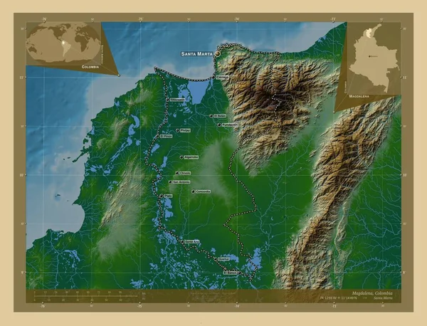 コロンビアのマグダレナだ 湖や川と色の標高マップ 地域の主要都市の位置と名前 コーナー補助位置図 — ストック写真