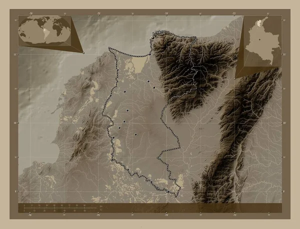 Magdalena Oddělení Kolumbie Zdvihová Mapa Zbarvená Sépiovými Tóny Jezery Řekami — Stock fotografie